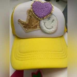Cute hat with patches, yellow, and white handmade